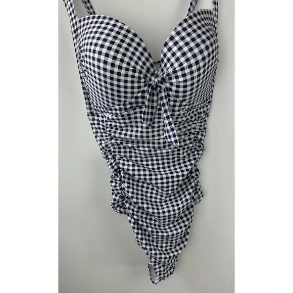 Torrid Navy Gingham Tie Front Wireless Ruched One-Piece Swimsuit Plus Size 4 4X - Picture 4 of 16